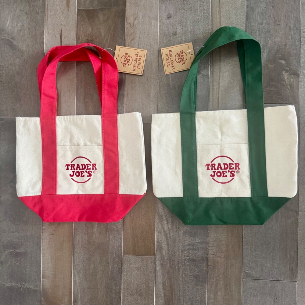 Trader Joe's Mini Canvas Tote Bag Set Red and Green Limited Edition NWT 2 Pack
